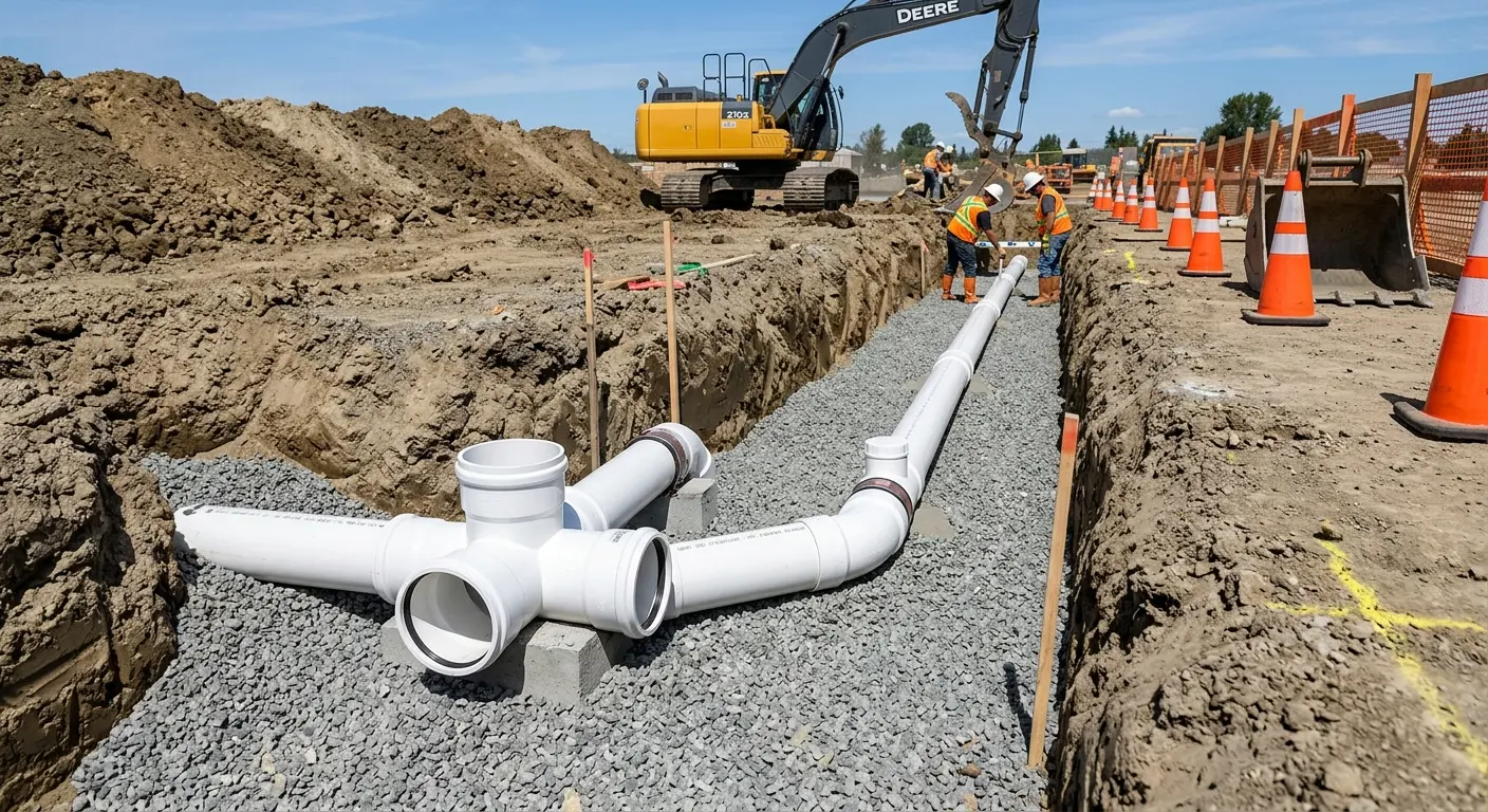 New PVC sewer pipe installation in open trench for Grease Trap Cleaning in Spring Valley